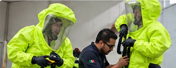 Participante colocándose traje encapsulado