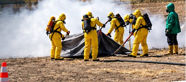Brigadistas con equipo de protección controlando una fuga de amoníaco durante una práctica en campo