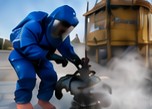 Técnico con traje encapsulado controlando una fuga en válvula